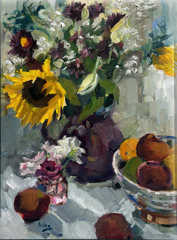 Still life with sunflower and fruit